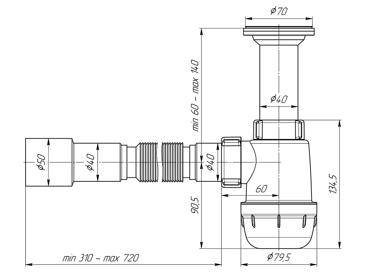 Сифон Ани Грот 1.1/2"х40 с литым выпуском, с гибкой трубой 40х40/50
