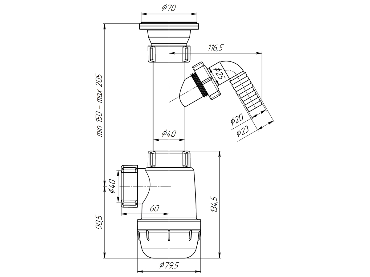 Сифон Ани Грот 1.1/2"х40 c отводом д/стир.машины