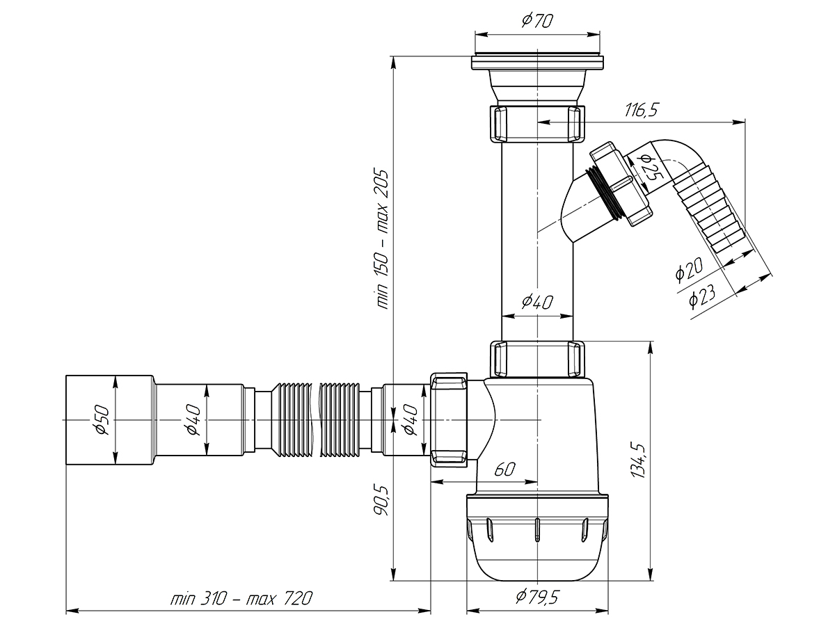 Сифон Ани Грот 1.1/2"х40 c отводом д/стир.машины,с гибкой трубой 40х40/50