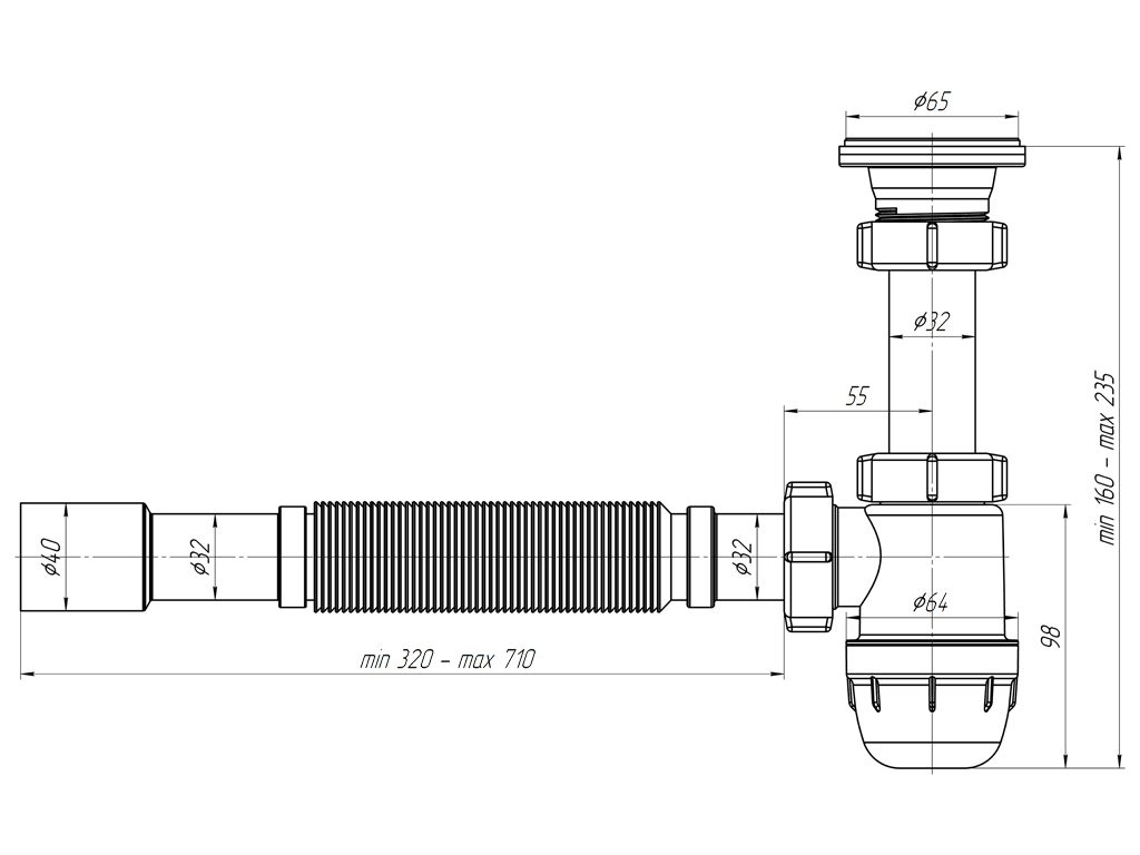 Сифон Ани mini "Юнг" д/умывальника 1.1/4"х32 с гибкой трубой 32х32/40