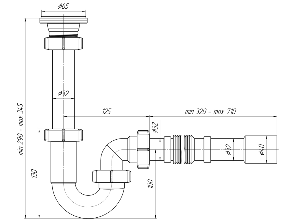 Сифон Ани 1 1/4"* 32 прямоточн. с гибк. трубой 32*32/40