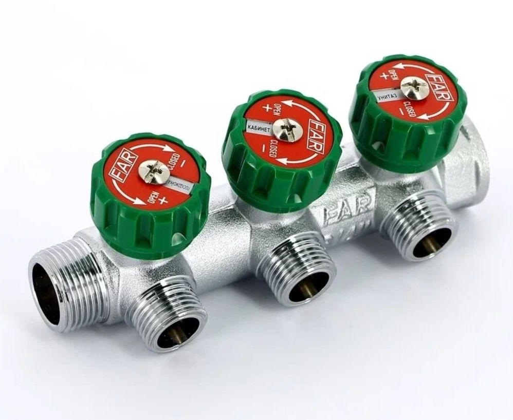 Коллектор регулирующий FAR 3/4" (ВР-НР) с 3 отв. 1/2"EU с вставкой под плоское уплотнение