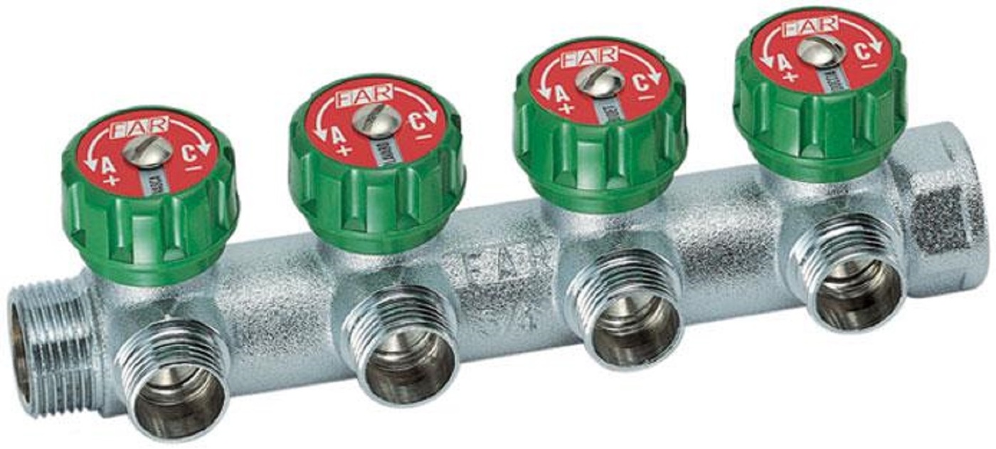 Коллектор регулирующий FAR 3/4" (ВР-НР) с 4 отв. 1/2"EU с вставкой под плоское уплотнение