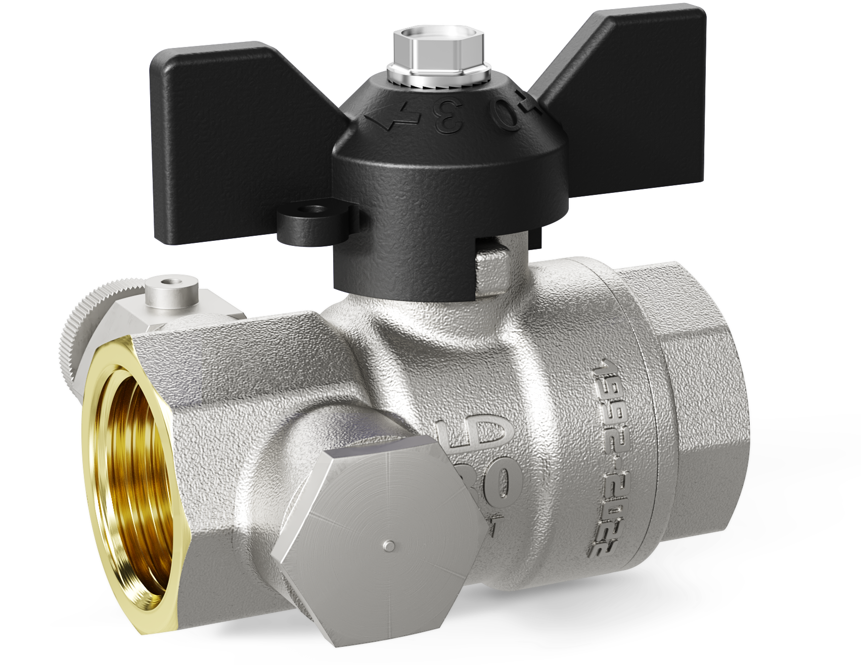 Кран шаровой 1/2" в-в бабочка с дренажем и воздухоотводчиком LD Pride Ру40 Tmax=150