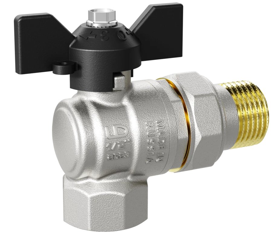 Кран шаровой 1" в-н (со сгоном) угловой бабочка LD Pride Ру40 Tmax=150