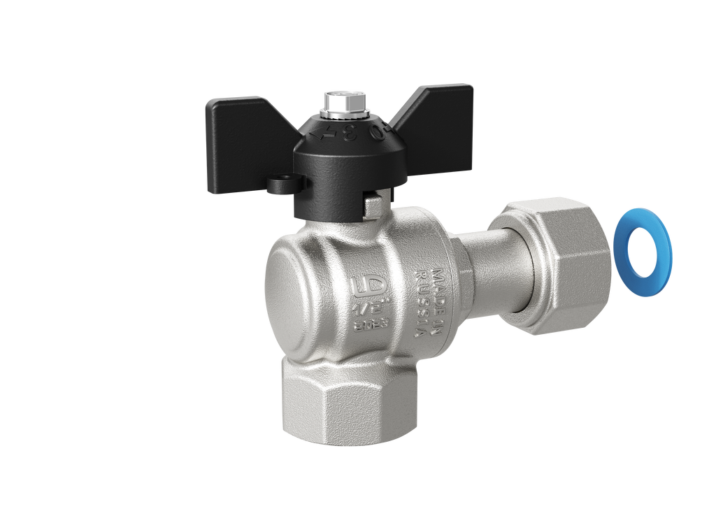 Кран шаровой 1/2" вн. угловой бабочка с накидн. гайкой LD Pride Ру40 Tmax=150