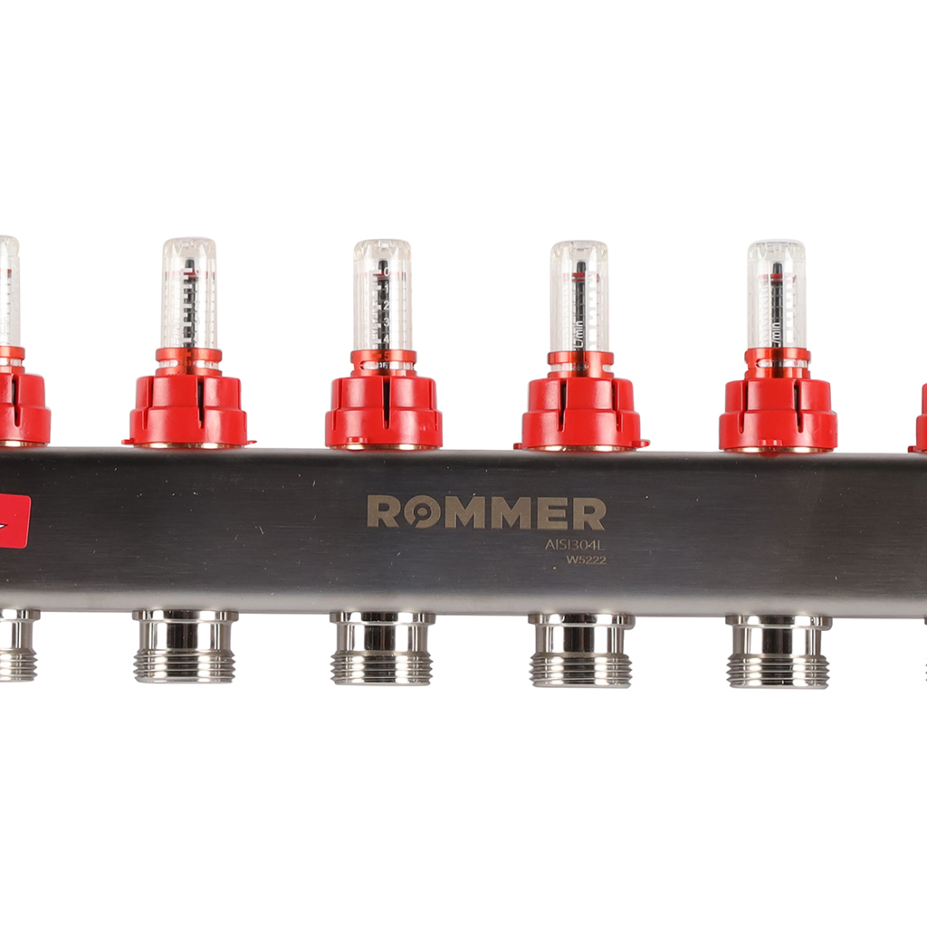 Коллектор из нерж. стали 1"x3/4" ROMMER в сборе с расходомерами 6 вых.