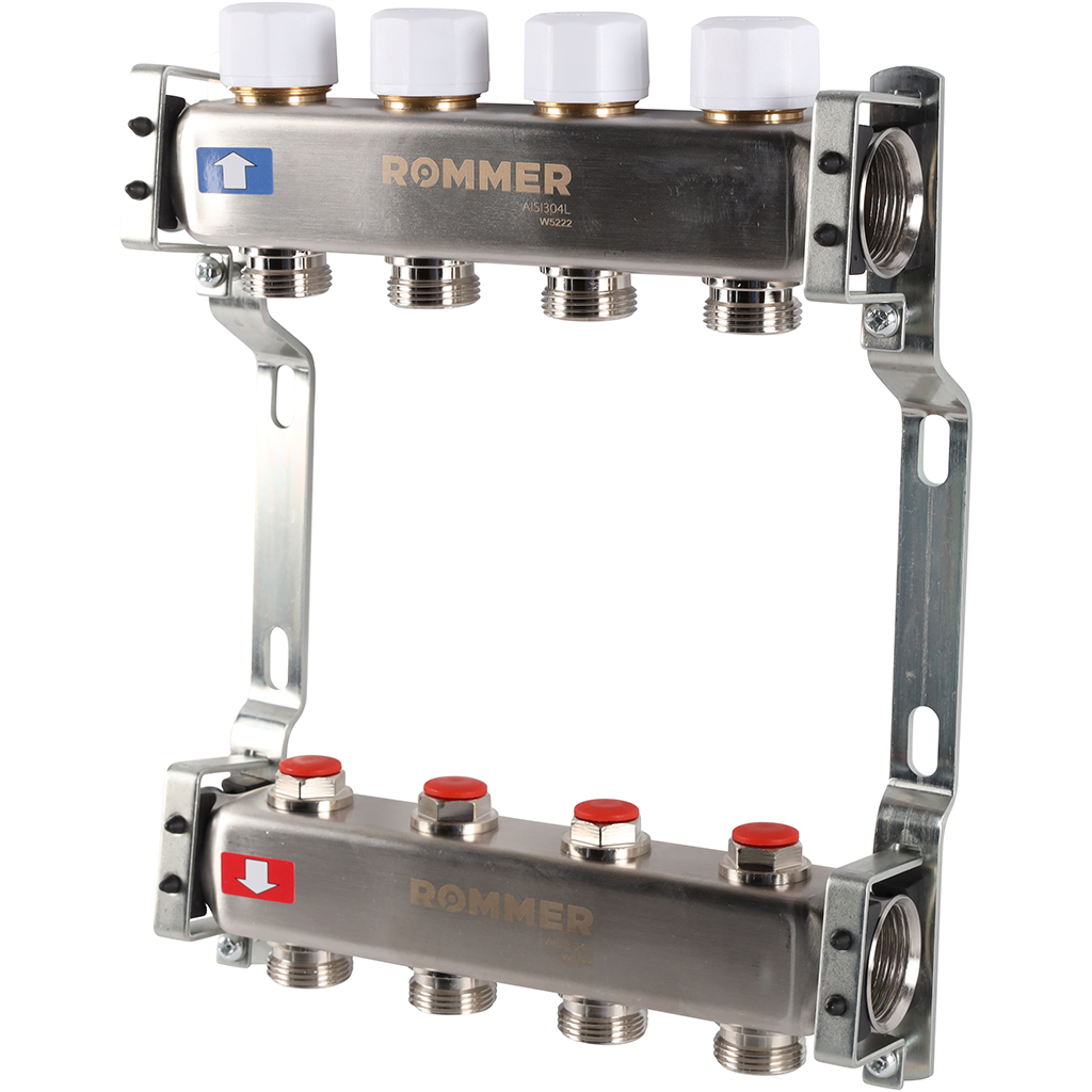 Коллектор из нерж. стали 1"x3/4" ROMMER без расходомерами 4 вых.