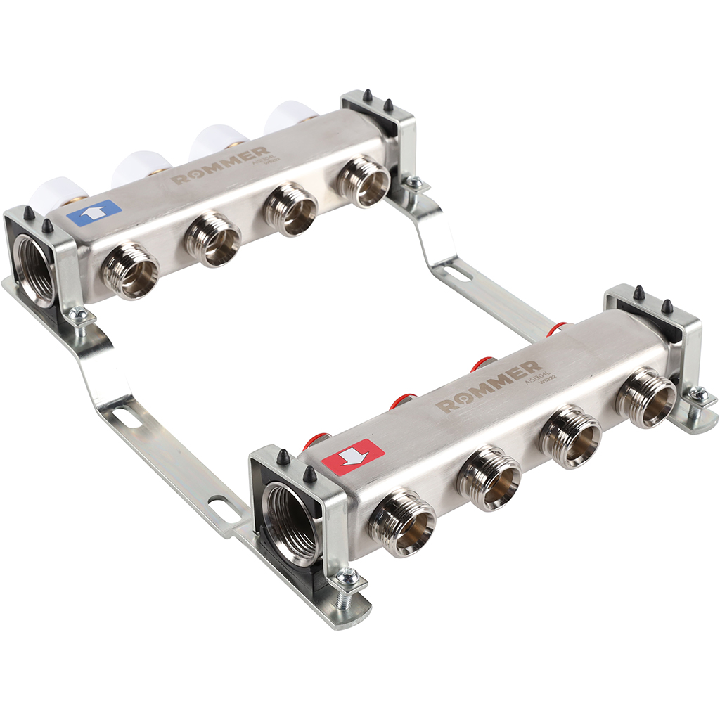 Коллектор из нерж. стали 1"x3/4" ROMMER без расходомерами 4 вых.