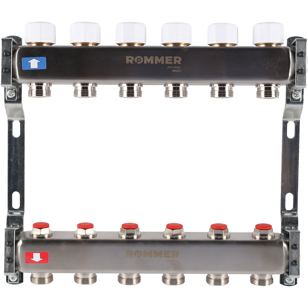 Коллектор из нерж. стали 1"x3/4" ROMMER без расходомерами 6 вых.