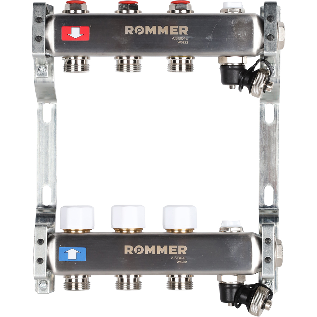 Коллектор из нерж. стали 1"x3/4" ROMMER без расходомерами, с клапаном вып. воздуха и сливом 3 вых.
