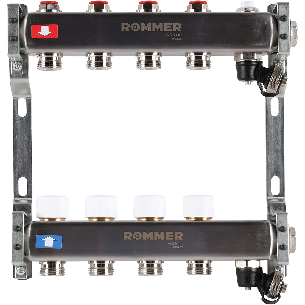 Коллектор из нерж. стали 1"x3/4" ROMMER без расходомерами, с клапаном вып. воздуха и сливом 4 вых.