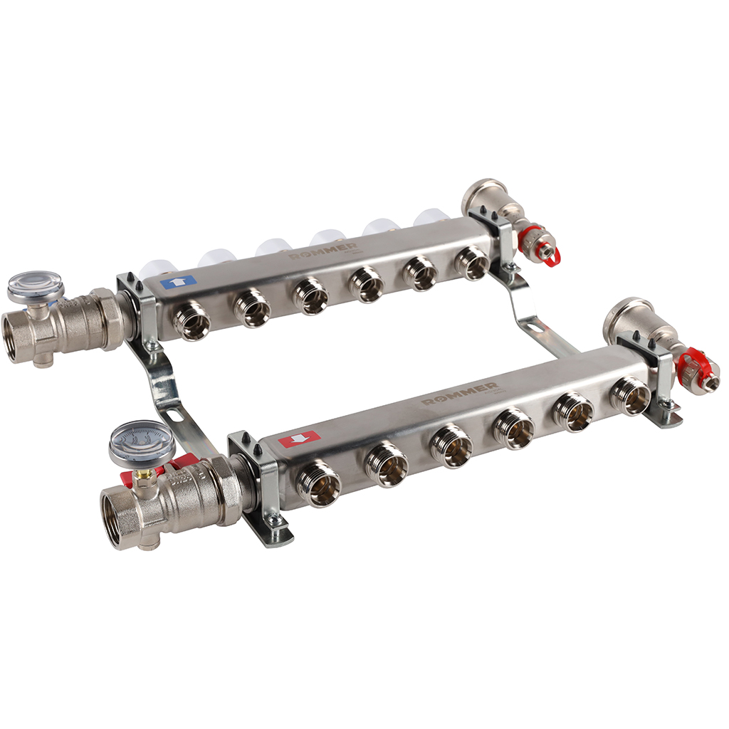 Коллектор из нерж. стали 1"x3/4" ROMMER в сборе без расходомерами 6 вых.