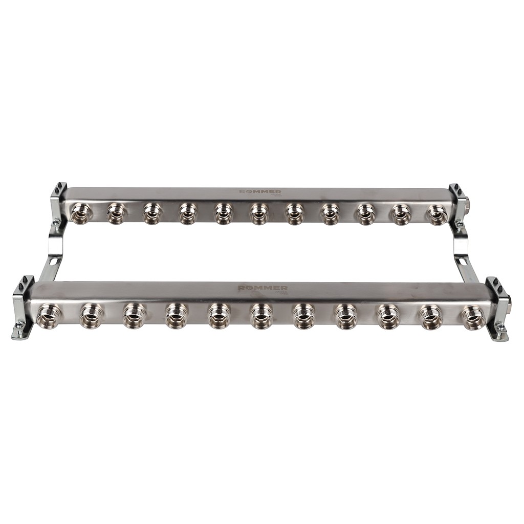 Коллектор из нерж. стали 1"x3/4" ROMMER для радиаторной разводки 11 вых.