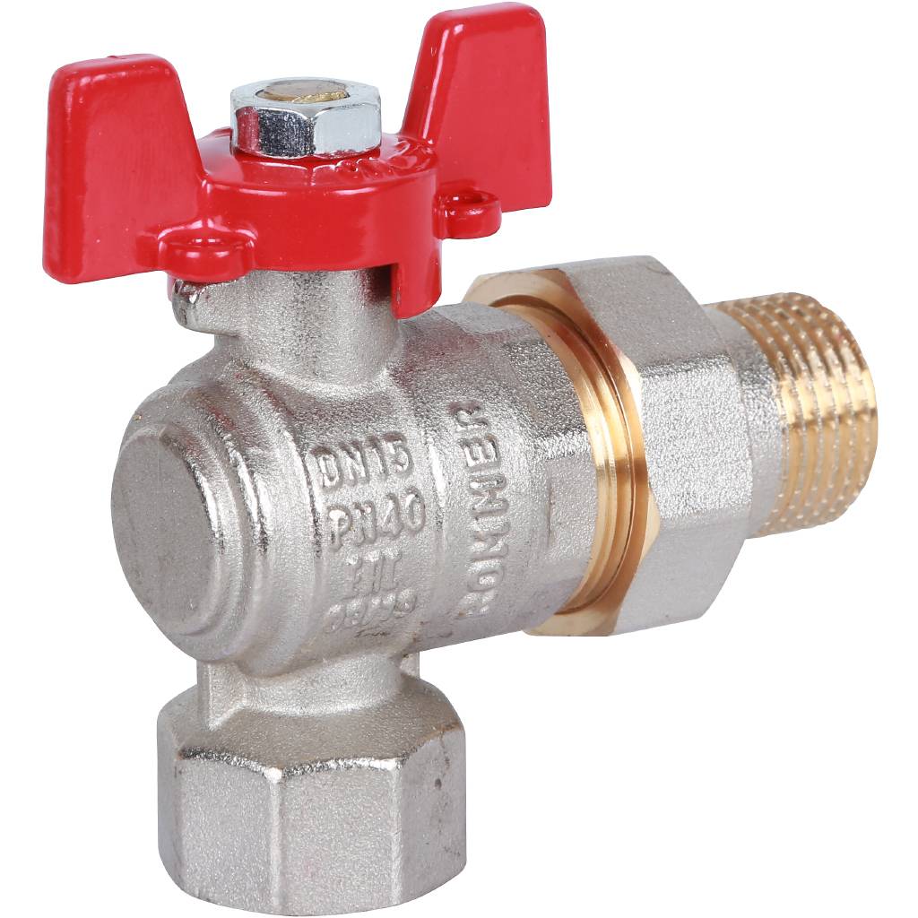 Кран шаровый Rommer угловой с американкой 1/2" ВН/НР, ручка бабочка
