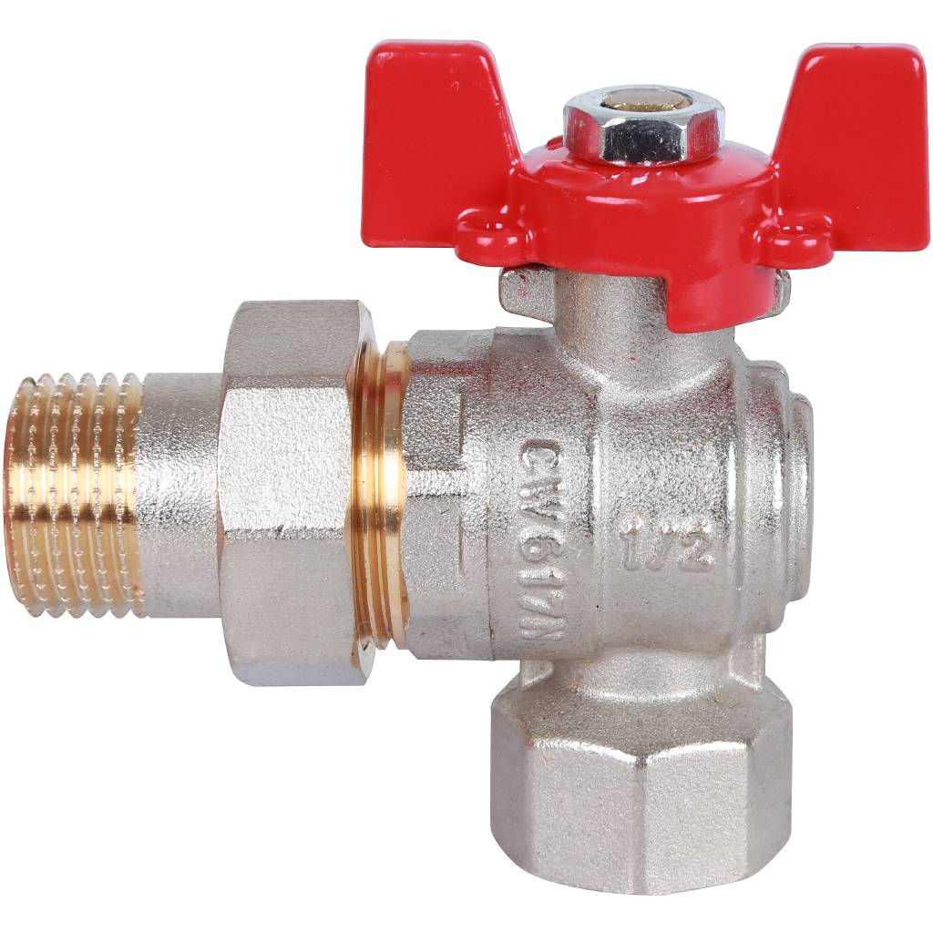 Кран шаровый Rommer угловой с американкой 1/2" ВН/НР, ручка бабочка