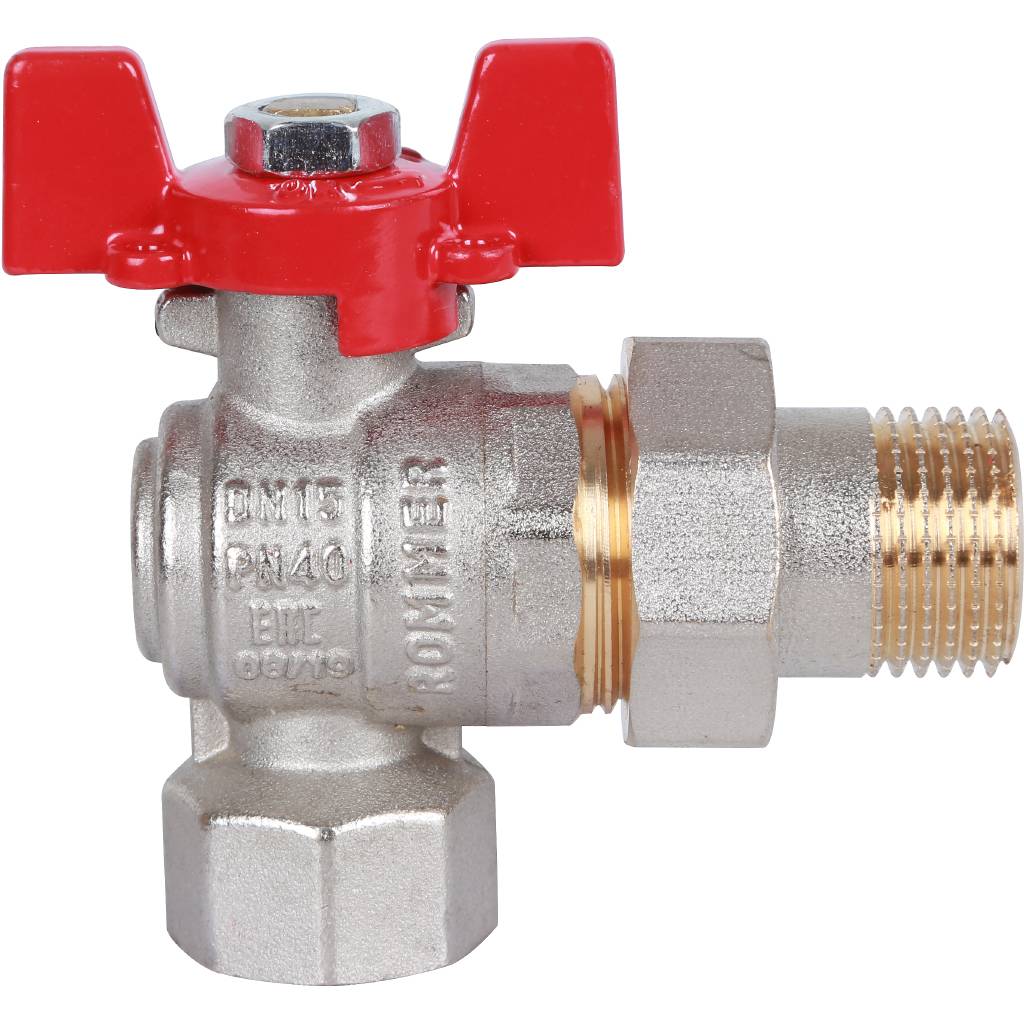 Кран шаровый Rommer угловой с американкой 1/2" ВН/НР, ручка бабочка