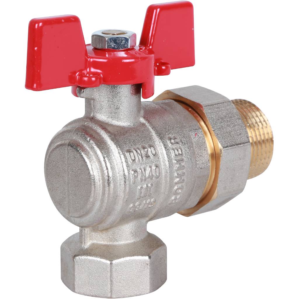 Кран шаровый Rommer угловой с американкой 3/4" ВН/НР, ручка бабочка