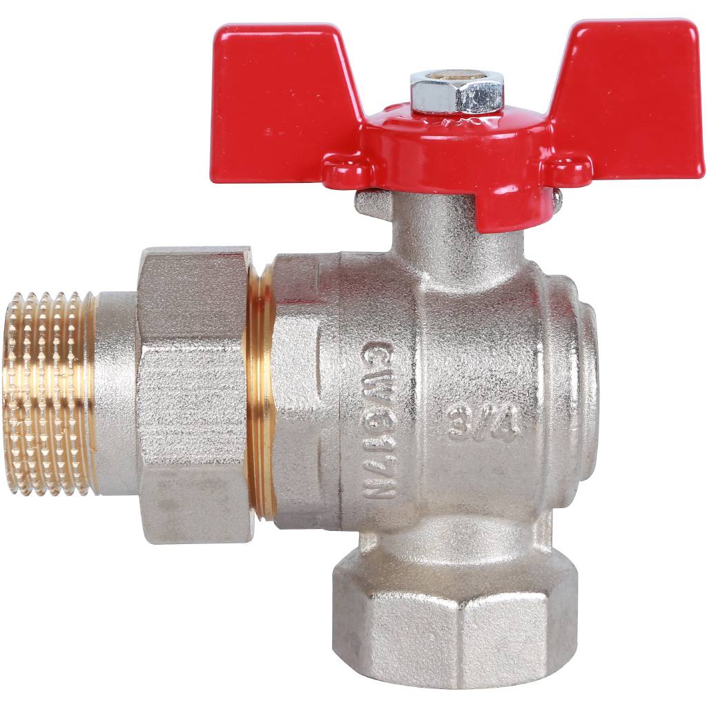 Кран шаровый Rommer угловой с американкой 3/4" ВН/НР, ручка бабочка