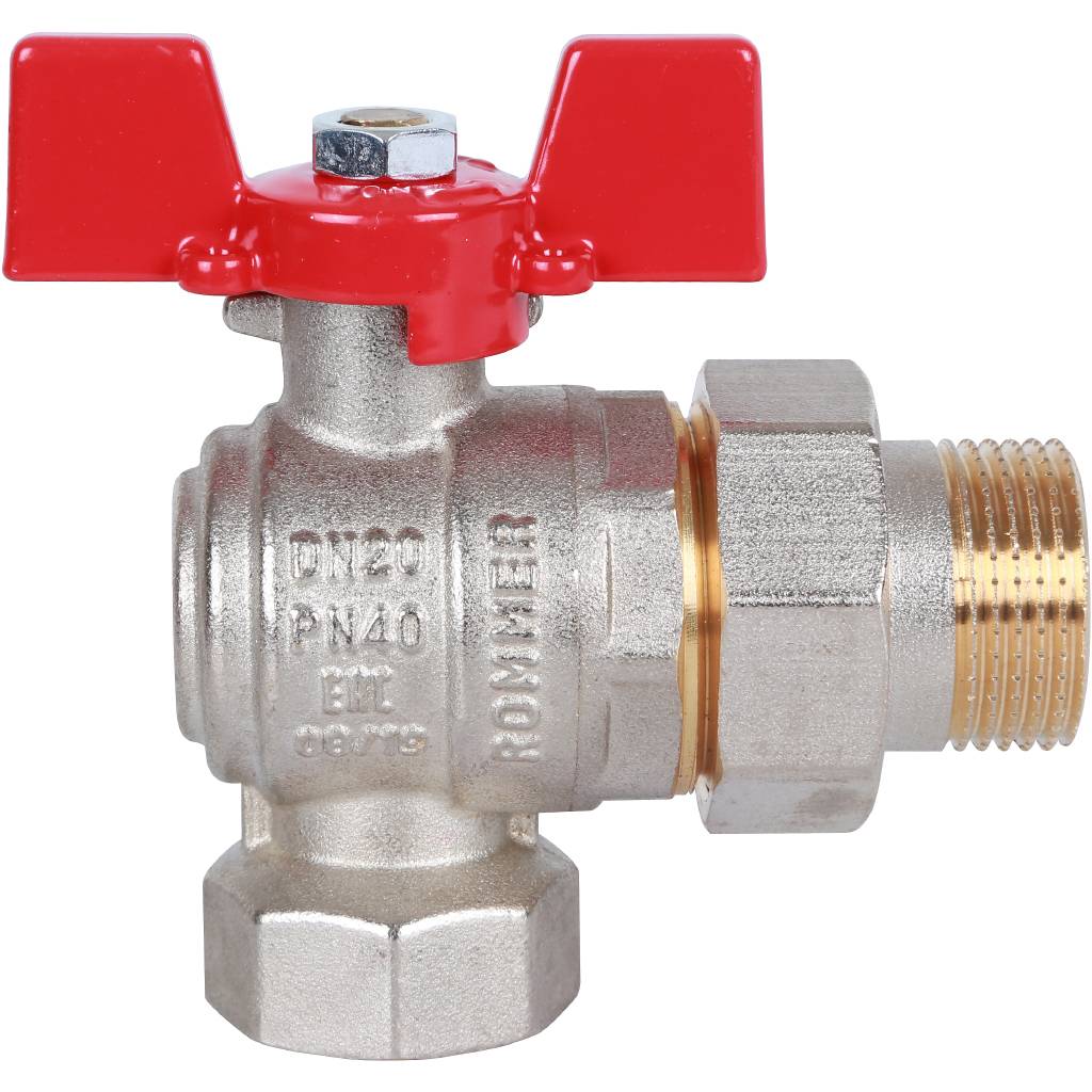 Кран шаровый Rommer угловой с американкой 3/4" ВН/НР, ручка бабочка