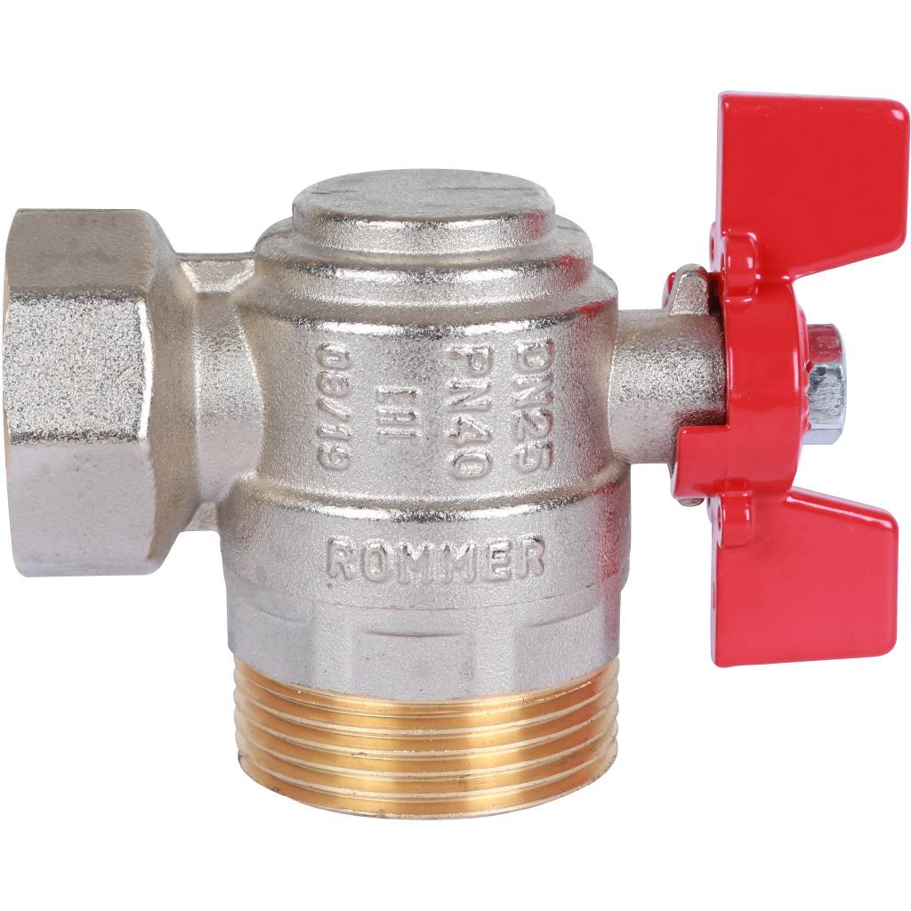 Кран шаровый Rommer угловой с американкой 1" ВН/НР, ручка бабочка