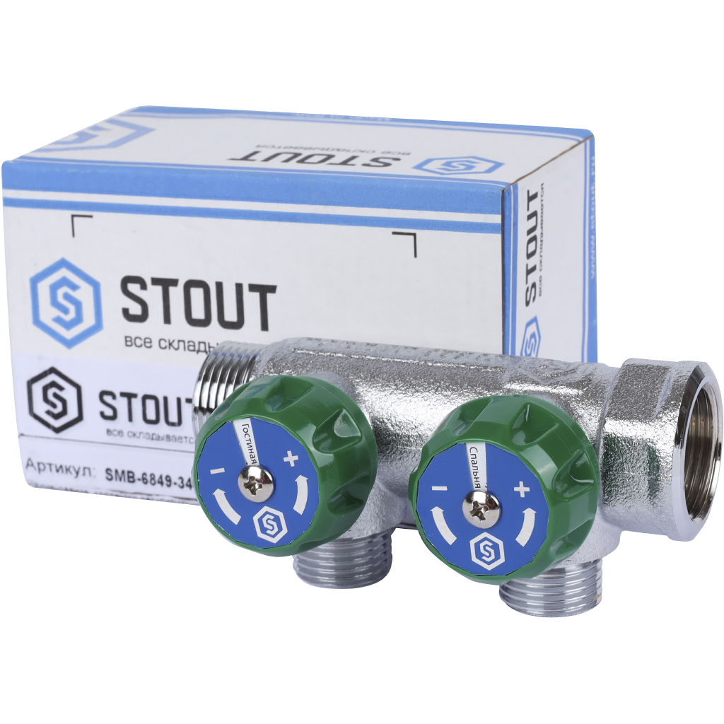 STOUT Коллектор регулирующий хром., (под плоское уплотнение) 3/4", 2 отвода 1/2"