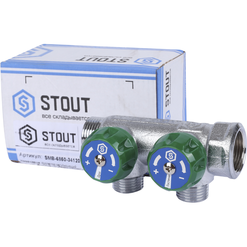 STOUT Коллектор регулирующий хром., 3/4", 2 отвода 1/2"