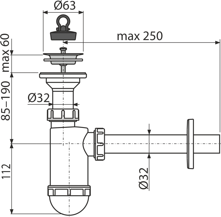 Сифон для умывальника ALСAPLAST Alcadrain DN32 с нержавеющей peшeткой DN63