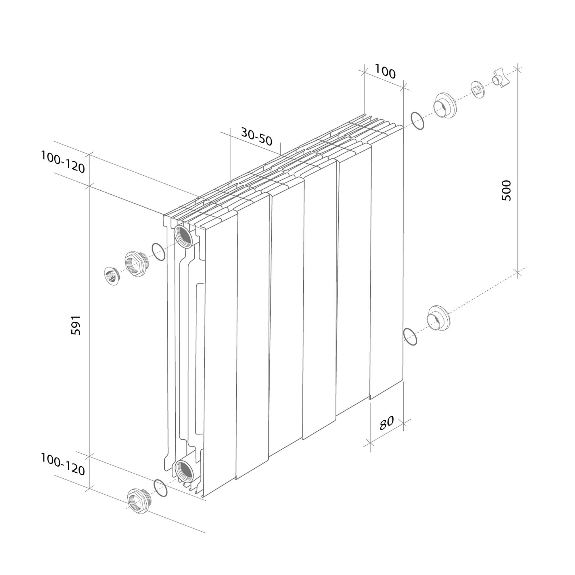 Дизайн-радиатор бимет. Royal Thermo PianoForte Белый VR 500 x 100 8 секц. (нижн. подкл.)