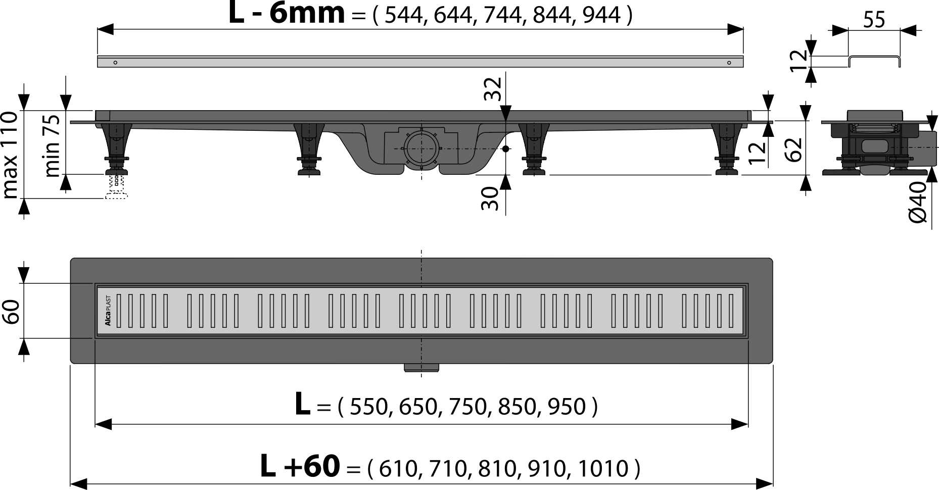 Канал дренажный ALCAPLAST Alcadrain 750*60 д.40мм APZ10-750 (решетка Simple Line в компл.)